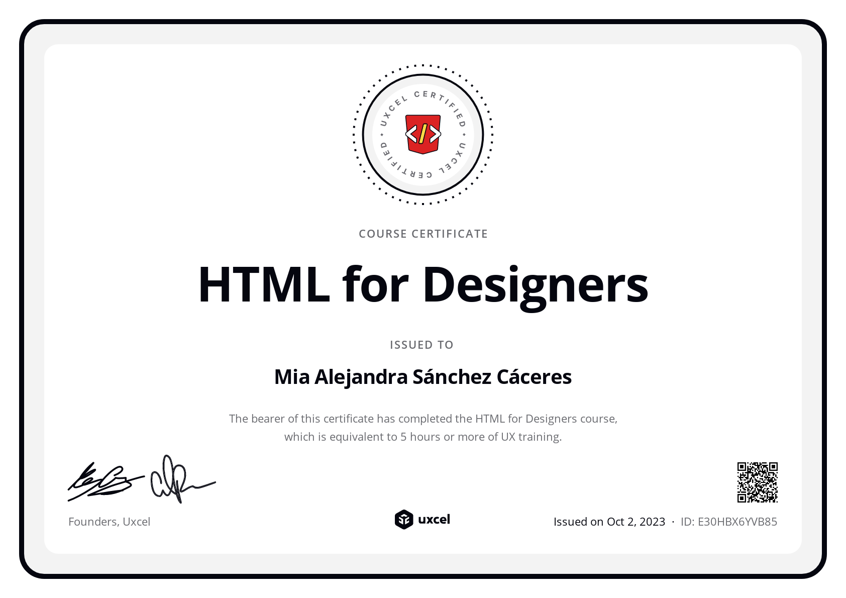 Mia Alejandra Sánchez Cáceres's certificate